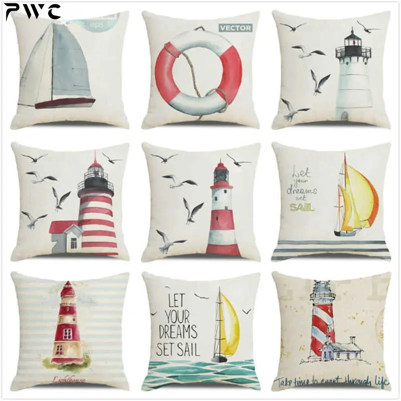 Наволочка с акварелью маяк навигация океан чайка лодка домашний диван наволочка