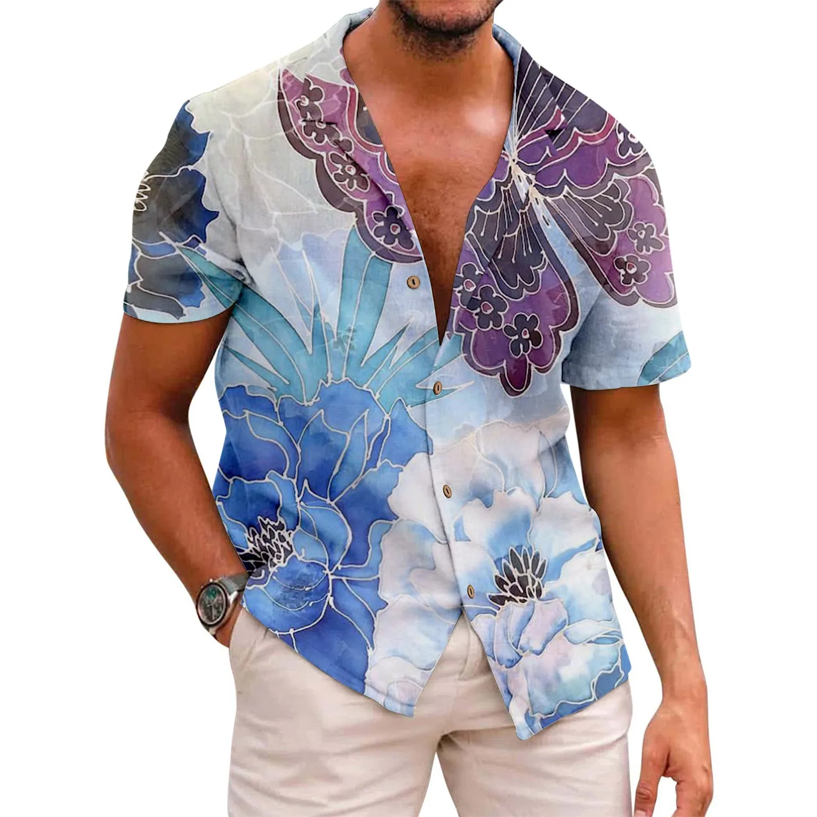 

Гавайская рубашка мужская с отложным воротником, Пляжная сорочка на пуговицах, короткий рукав, свободного покроя, в стиле оверсайз, лето