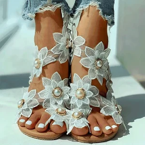 Women Artisanal Sandals Summer Women's Floral Pearl Flat Sandals Toe Ring Beach Shoes Dress Sweet Sandals Ladies Sandalias