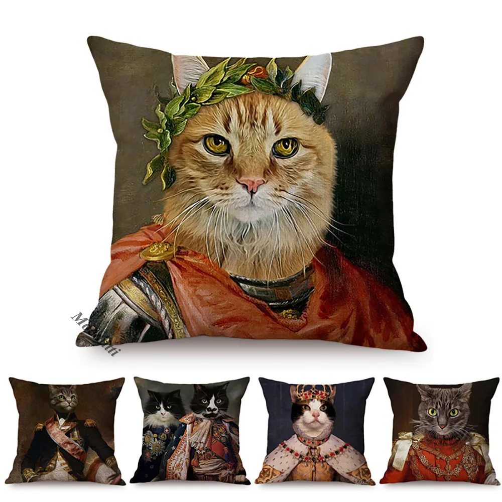 Funda de cojín decorativa para sofá, cubierta de cojín con retrato de gato en General, imitación de famoso arte de pintura al óleo, estilo nórdico Funky Animal