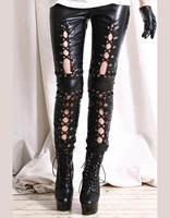 black imitation leather skinny pants womens hollow out strap leggings female trousers ankle length pants punk style rock light