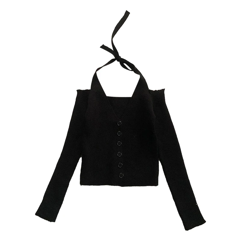 Женский вязаный топ с открытым вырезом и шнуровкой Design Sense осень 2023 новый черный