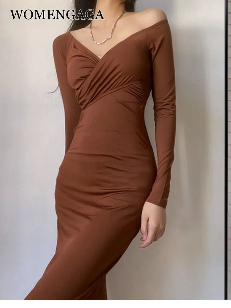 

WOMENGAGA Off Shoulder V Neck Long Maxi Dress For Female Sexy High Waist Tight Slim Solid Hot Sexy Korena Women Winter Robe RKF3