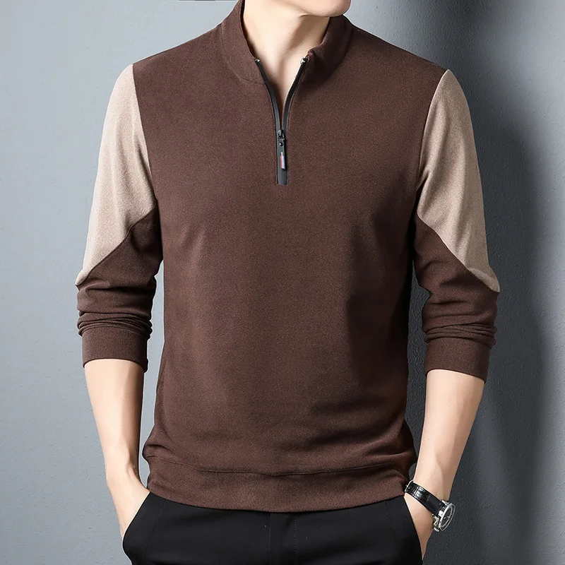 

Winter Fall Fashion Flocking Warm Comfortable Cozy Vintage Patchwork Men's T-shirts Stand Collar Loose Casual Pullover Tees Male