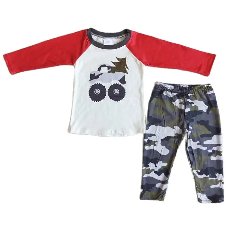 

6 A14-2 Kids Christmas Clothing Boys Long Sleeve Top With Pants Car Print Milk Silk