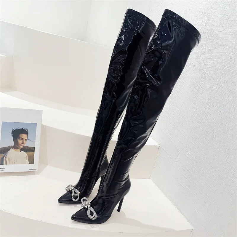 

Winter New Pointed Toe Fashion Rhinestones Bowknot Women Black High Boots Patent Leather Over The Knee Thin Heels Shoes Woman
