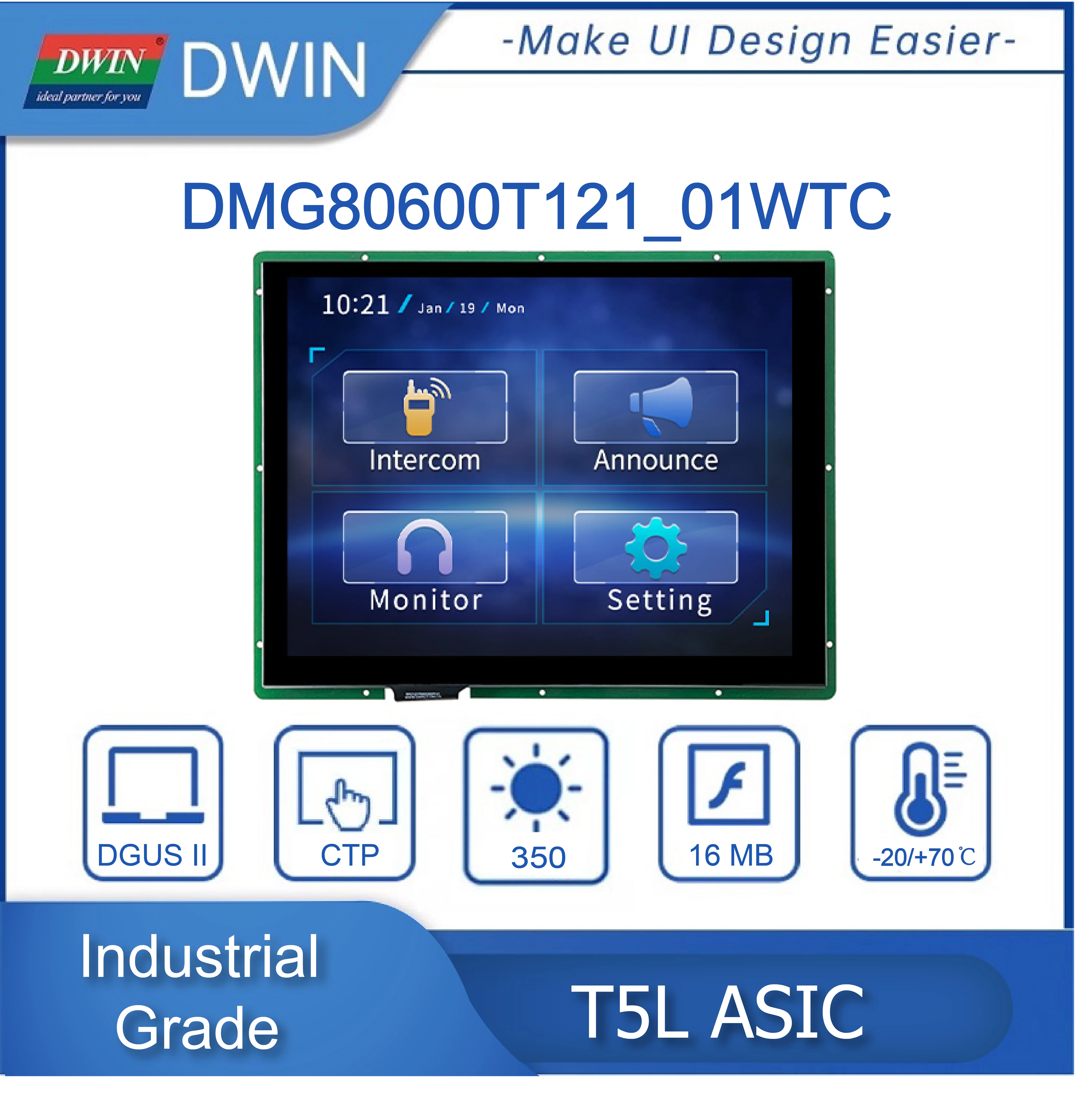 

12.1-inch, 800*600 Pixels Resolution, 16.7M Colors, TN-TFT-LCD Working with Arduino/STM/ESP DMG80600T121_01W