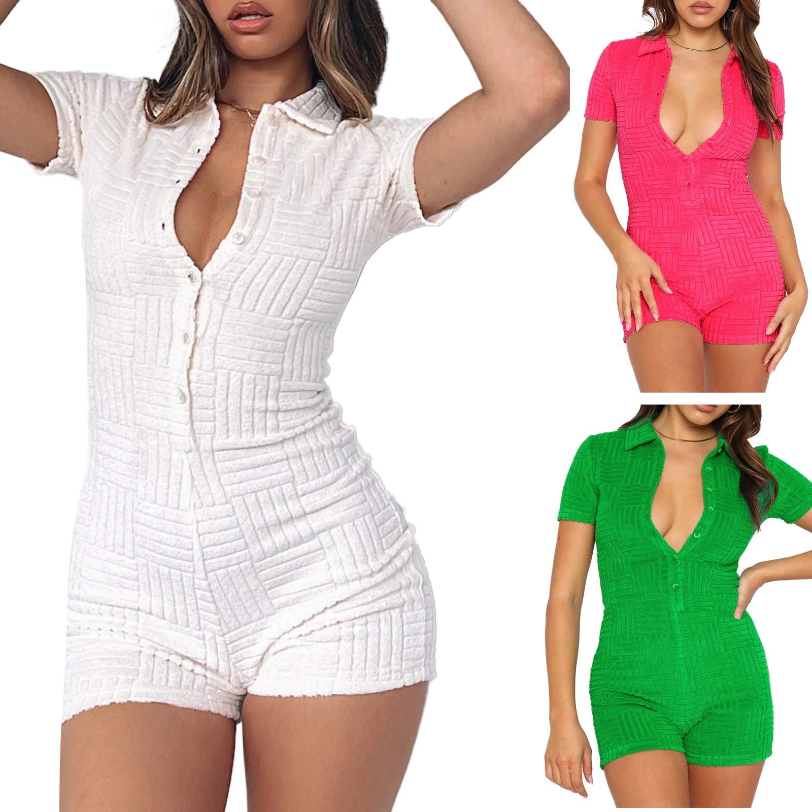 

New Women's Fashion Sexy Slim Rompers Short Sleeve Solid Color Stripe Textured Slim Fitting Bodysuit Short Playsuit Streetwear
