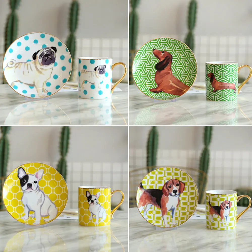 

Golden Cute Saucer Coffee Mugs Set Sets Pattern Handle Gift Ceramics Drinkware With Plates Dog Teacup Porcelain Cup