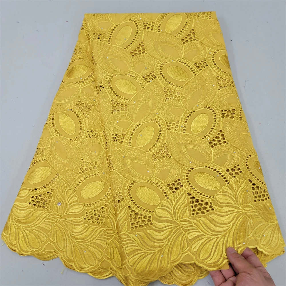 

Gold Yellow African 100% Cotton Swiss Voile Lace Fabric With Stones Nigerian Swiss Laces Fabrics 5 Yards For Party Dress Sewing