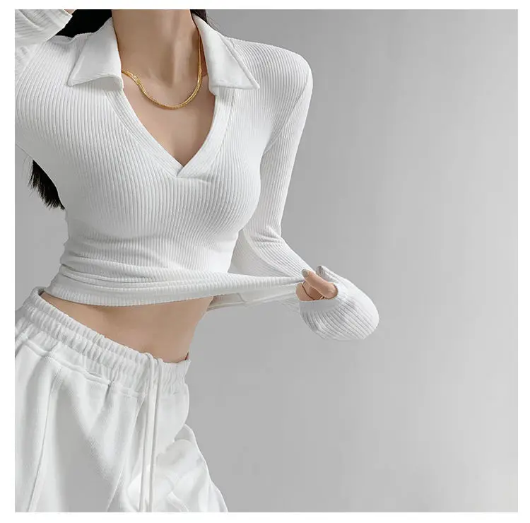 

Sexy V-Neck Slim Fittness Women's T-Shirt Fashion New Long Sleeve Polo Shirt Woman High Waist Cropped Tops