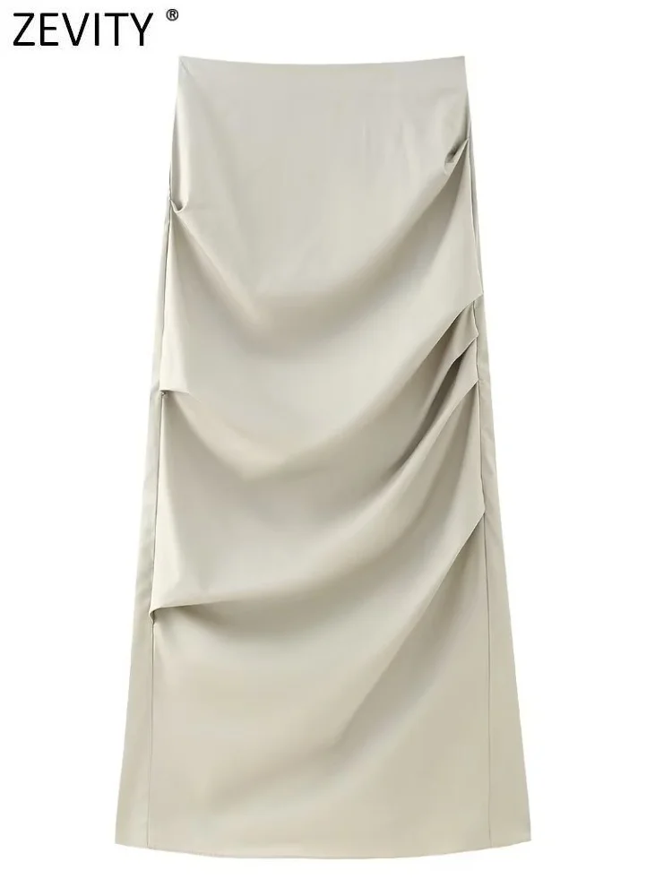 

Zevity Women Fashion Solid Color Pleates Design Straight Long Skirt Faldas Mujer Female Chic Zipper Split Casual Vestido QUN3552
