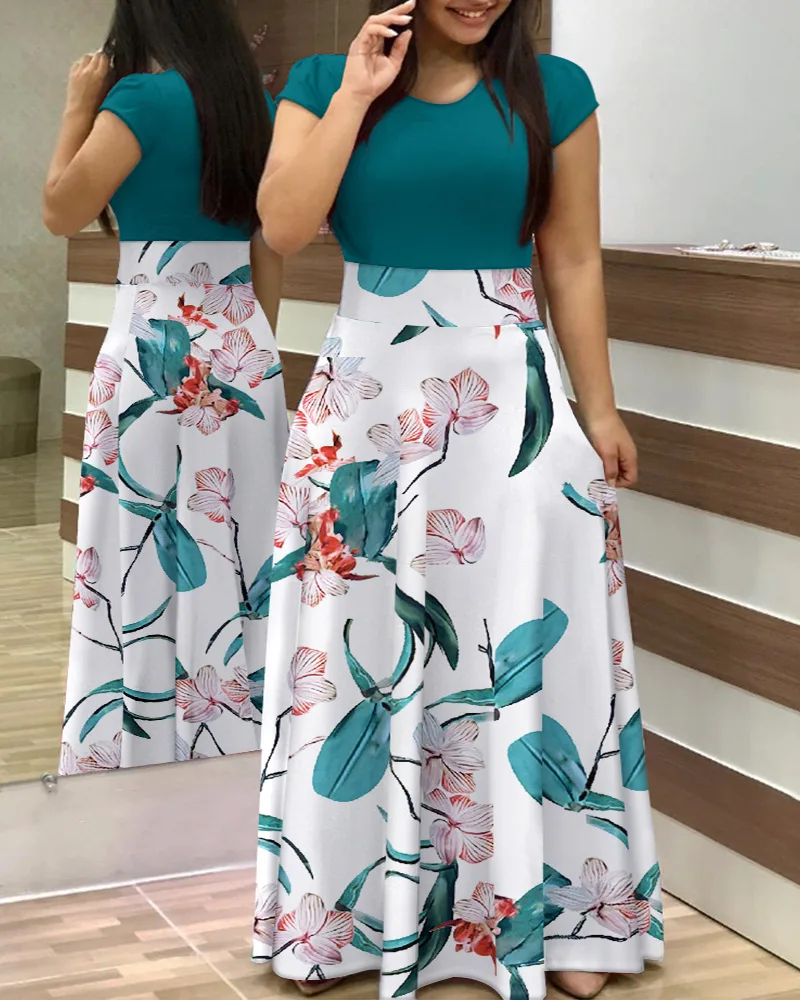 

Contrast Tropical Print Short Sleeve Maxi Dress Women Spring Summer O Neck Floor Length Long Maxi Dress High Waist