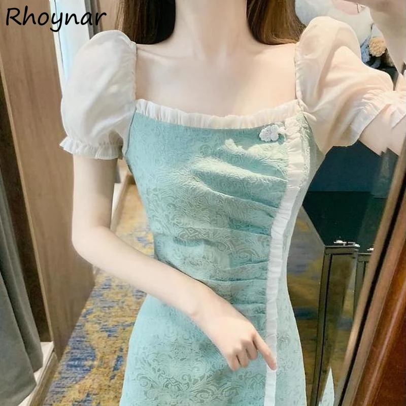 

Dress Women Retro Summer Sheath Sexy Elegant Puff Sleeve Girl Fashion Streetwear Chic Casual Green Patchwork Lacy Office Lady