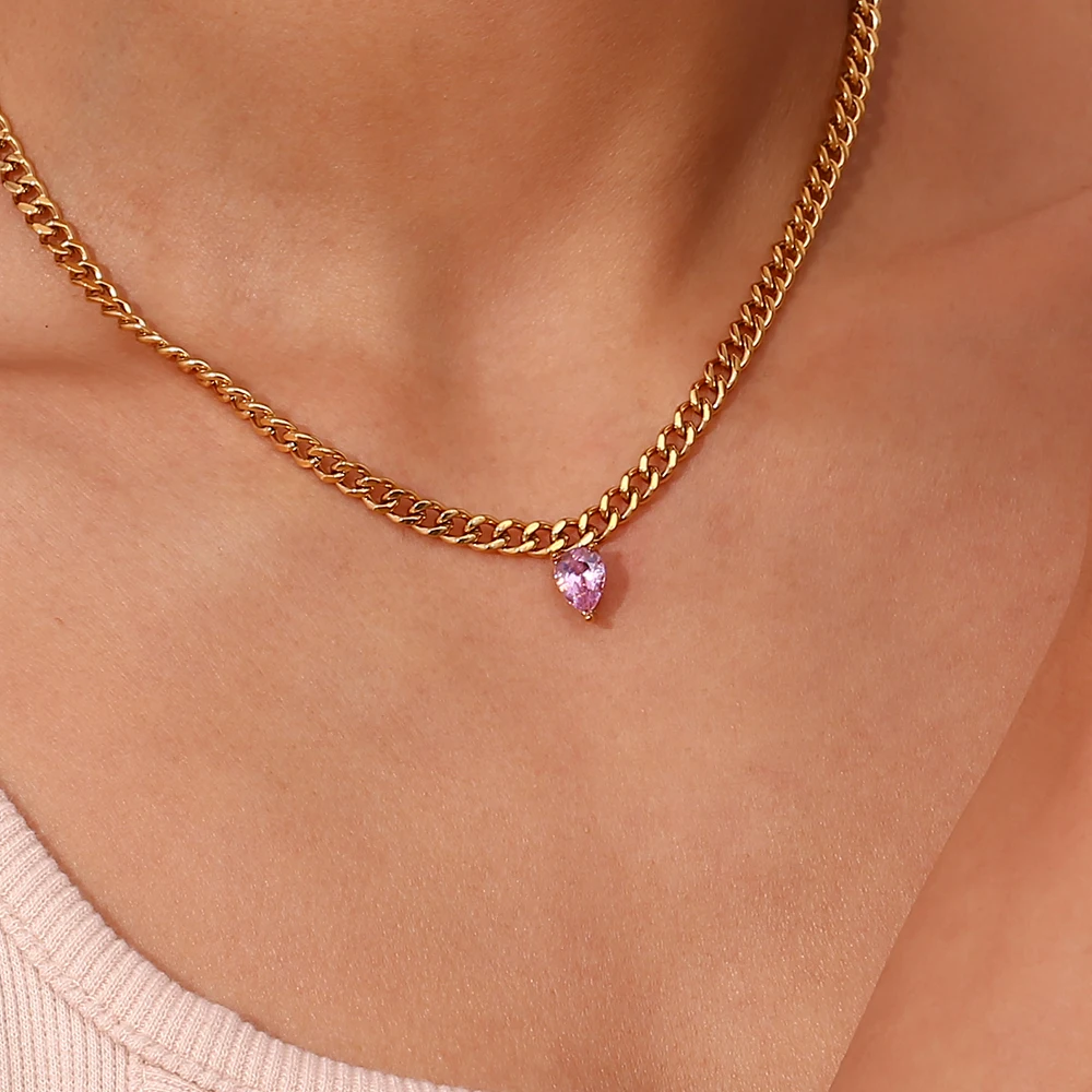 

2023 Stainless Steel 6mm Cuban Chain Pink Green Clear White Waterdrop Pendant Necklace 18k Gold Plated Chain Necklace For Woman