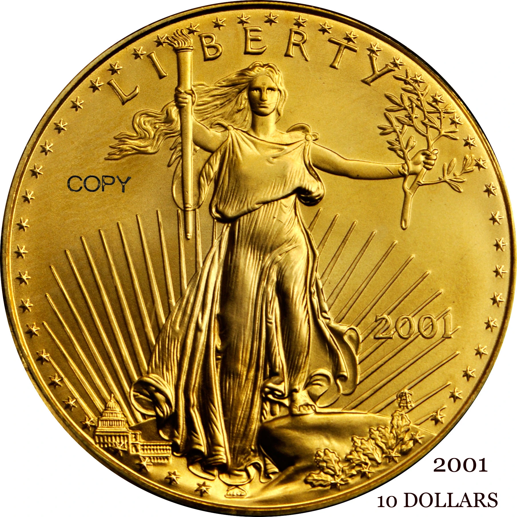

United States US 2001 10 Ten Dollars Quarter Ounce American Gold Eagle Bullion Coinage USA Liberty Gold Brass Metal Copy Coin