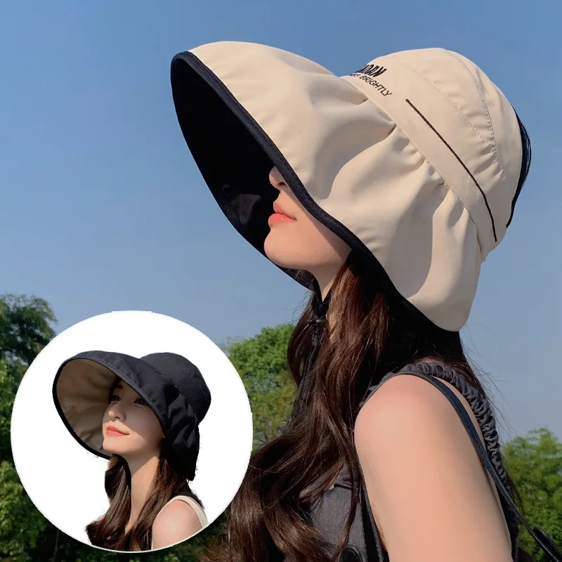 

Korean Style New Women's Fashion Letter Pure Color All-Matching Double-Sided Sun Protection Sun Hat Summer Air Top Big Brim Sun