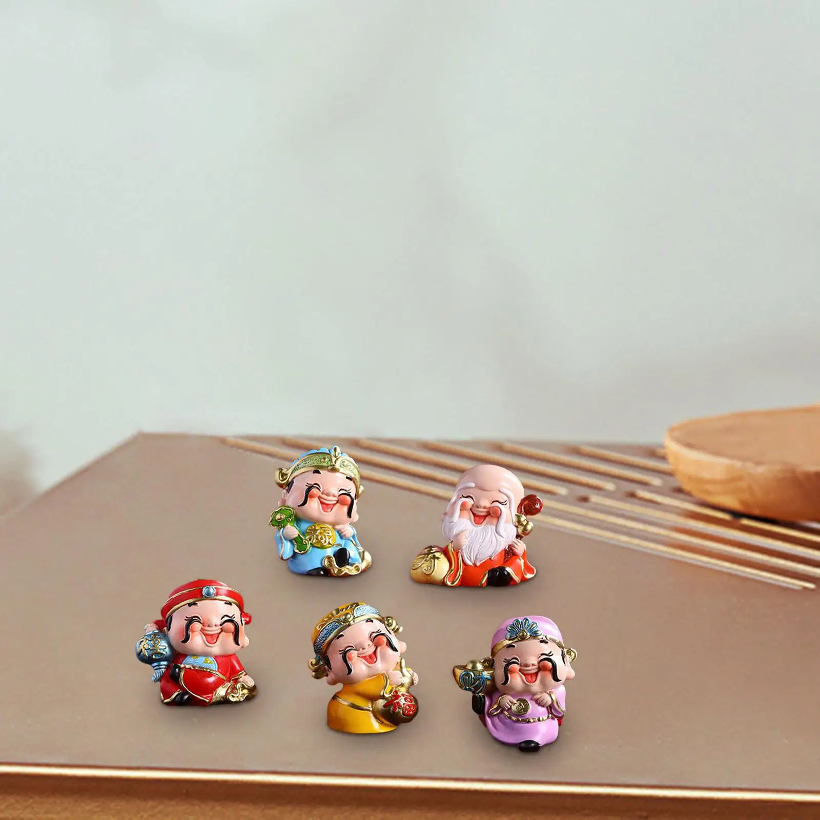 

5Pcs Joyful Fortune Gods Figurines Feng Shui Table Centerpiece Miniature Figure for Bookshelf Table Cabinet New Year Decoration
