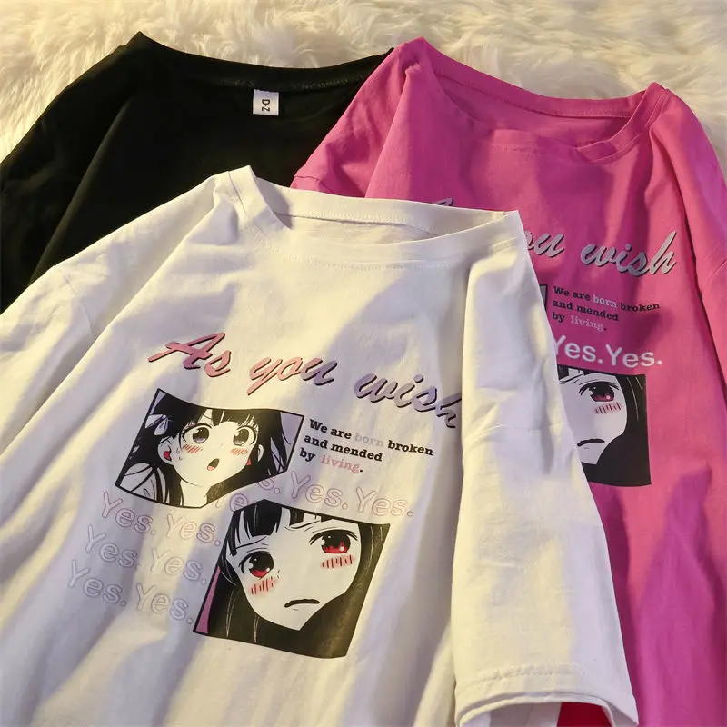 

2022 Summer New T-shirt Women Japanese Cartoon Girl Print Short-sleeved Harajuku Style Trend Casual T-shirt Couple Loose T-shirt