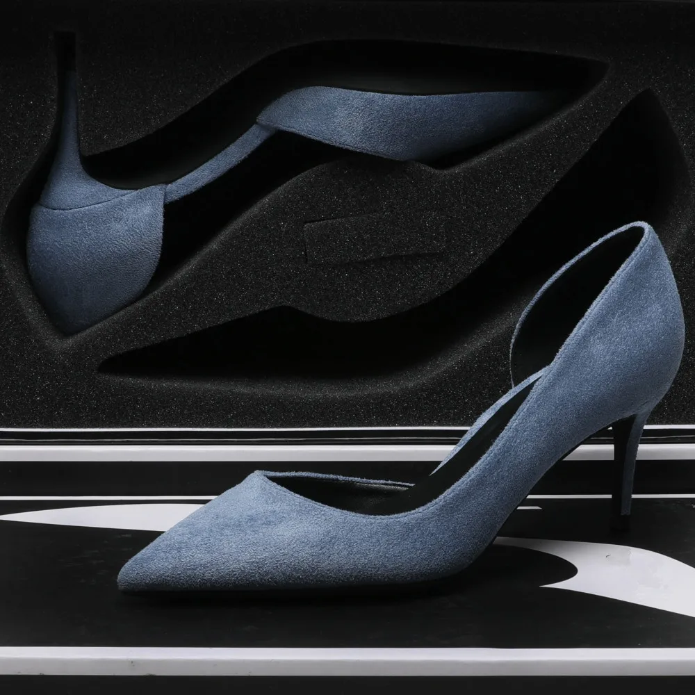Women Blue Suede Leather Pumps Fashion Sexy Classic Design 6cm Stilettos High Heels Spring Casual Office Work Shoes Female E0068