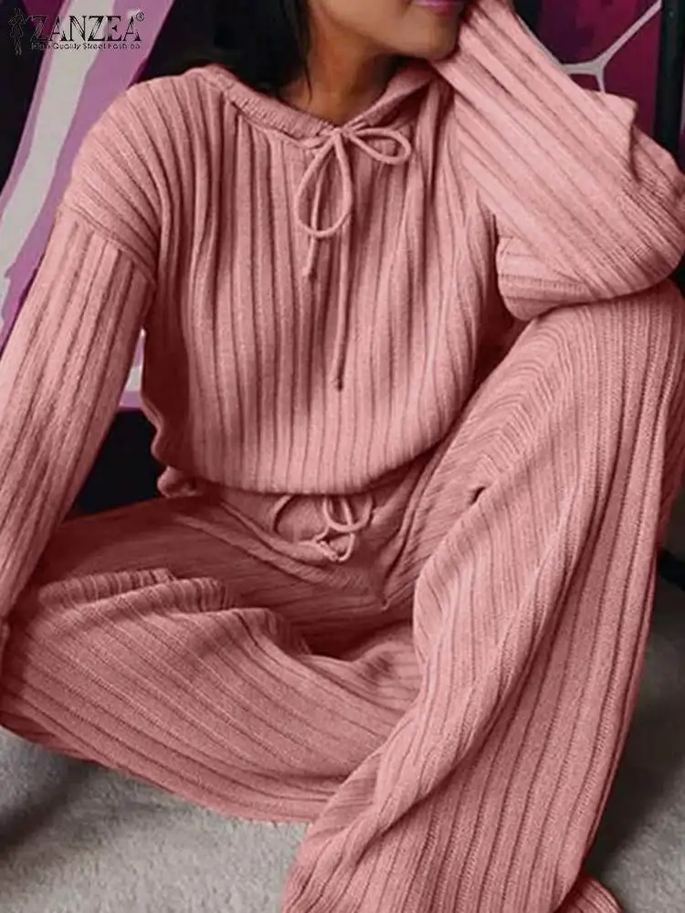 

ZANZEA Fashion 2pcs Solid Loose Tracksuit Women Hoodies Long Sleeve Blouse Wide Leg Pants Sets Casual Trouser SuitsHomewear
