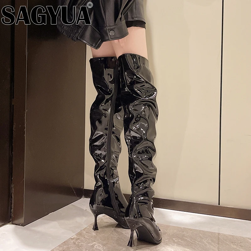 Женские высокие сапоги с острым носком кожаные туфли на высоком каблуке зимние