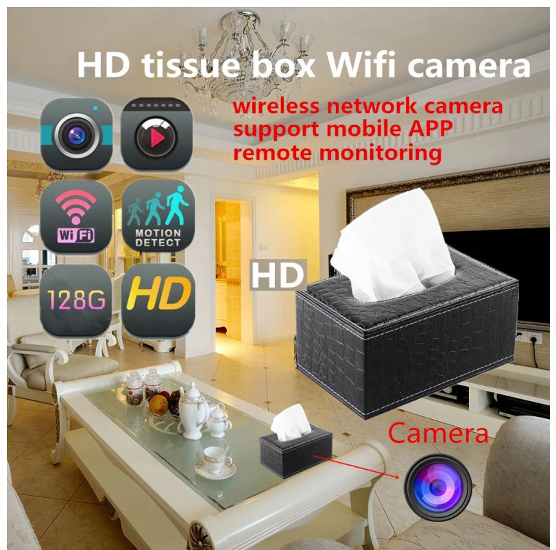 

PU Leather HD Tissue Box Mini Camera Wifi App Remote Control Home Security Surveillance Camera Motion Detection Baby Monitor