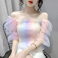 chic elegant women shirt puff sleeve sweet bow rainbow shining rhinestones mesh tops for girls breathable fashion streetwear
