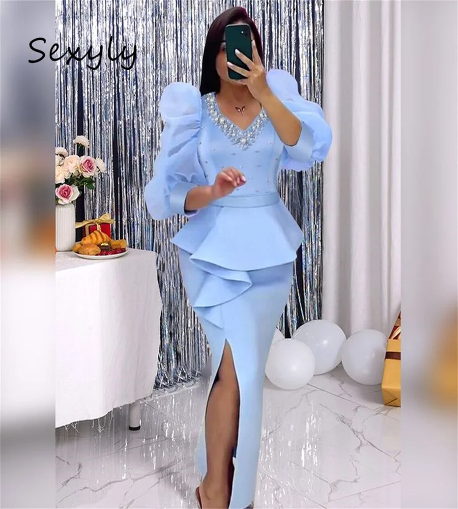 

Sexy Blue Mermaid Evening Dress 2023 With Beaded Puff Sleeves Split Black Girls Prom Dresses V Neck Arabic Formal Holiday Party
