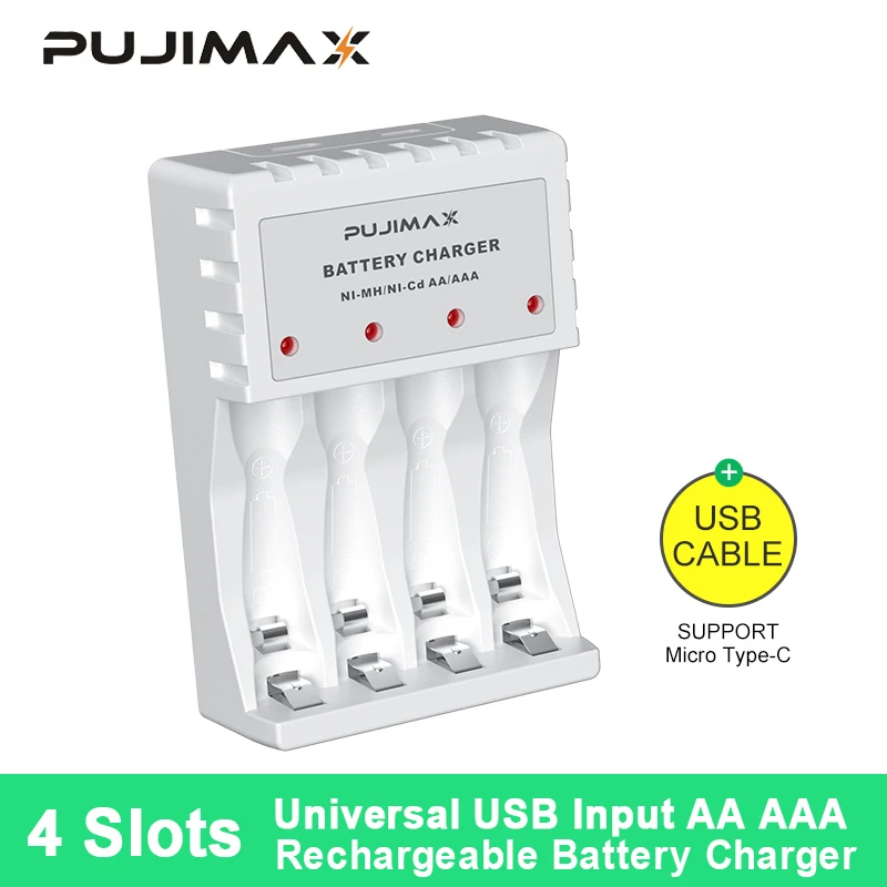 

PUJIMAX 1.2V 4 Slots Battery Charger USB Output Smart Fast Adapter For AA/AAA Ni-MH Ni-Cd Rechargeable Batteries Charging Tools