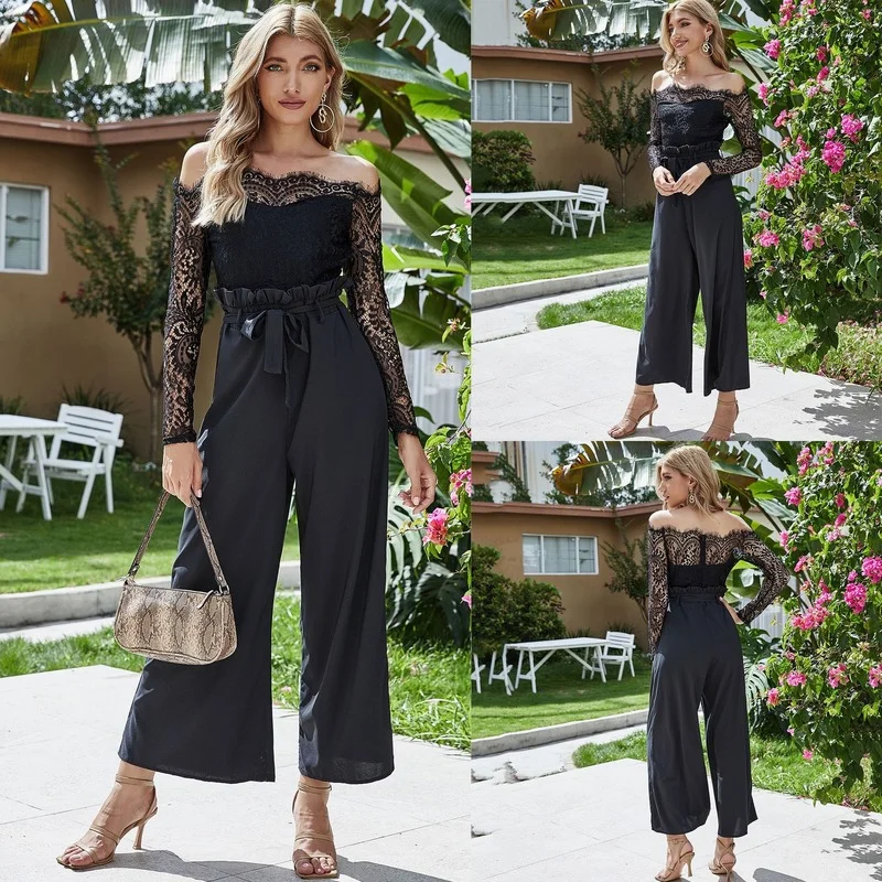 New Lace Patchwork Slim Fit Women's Long Sleeve One-piece Collar Wide Leg Jumpsuit Overalls Female Jumpsuits Bodysuit Clothing