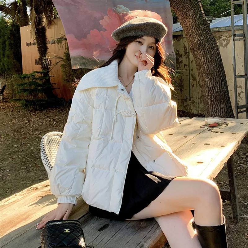 Knit Large Lapel Short Down Jacket Women's Winter Vintage Cotton Jacket Double Button Thick Warm White Eiderdown Jacket