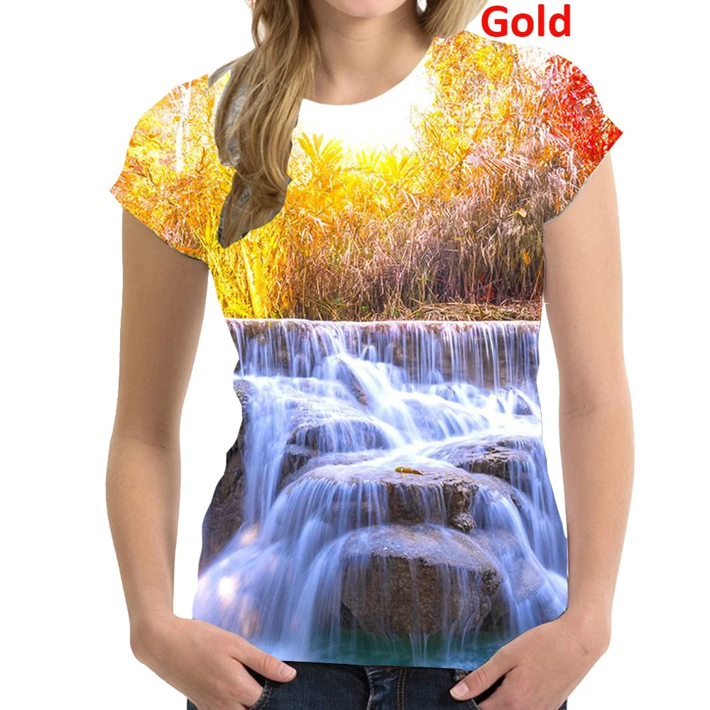 

Summer New Women's Tops & T-Shirts Printed Sweatshirt Shirt Mountain Forest Print Short Sleeve Fashion Casual Blouse