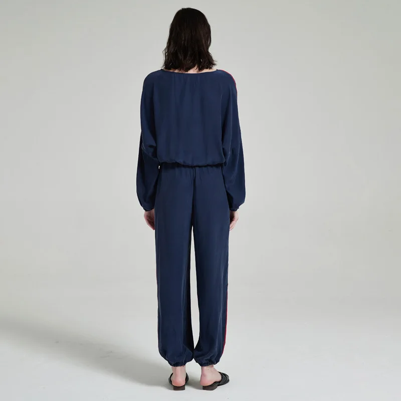 2022 NEW Summer 19mm 100%Silk Pajamas Set Women Silk Homewear Sleepwear Navy Blue High Quality Clothing