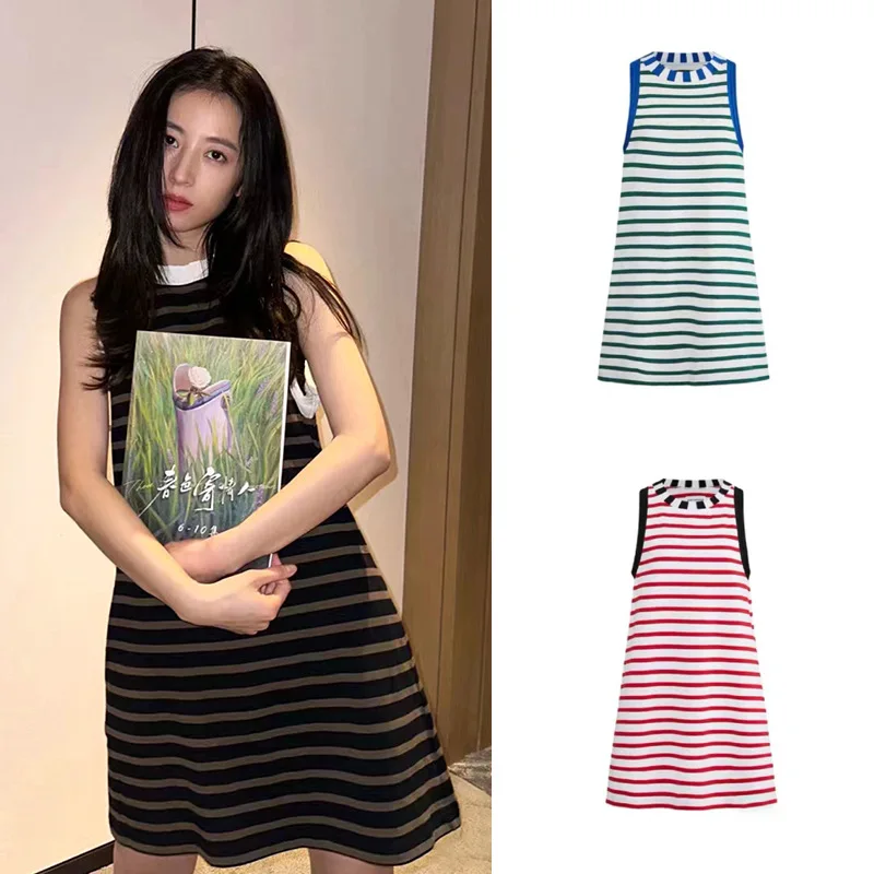 2023 Spring and Summer New Retro Round Neck Sleeveless Contrasting Color Knit Stitching Striped Vest Dress