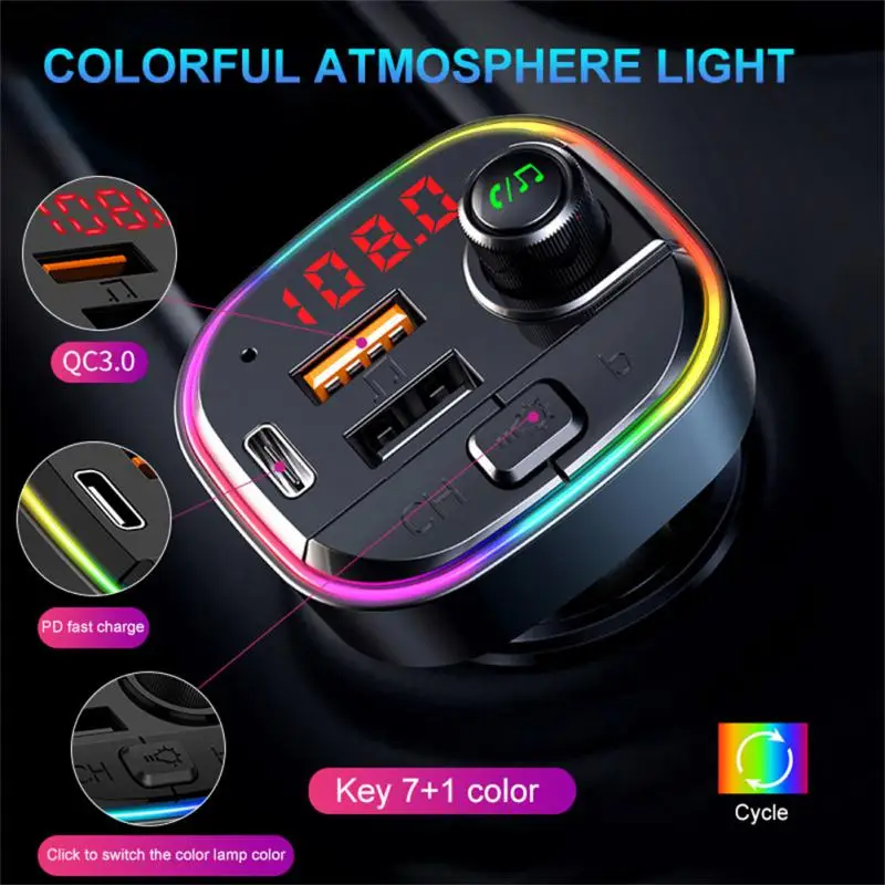 

USB Car Charger QC3.0 PD Ports Bluetooth 5.0 FM Transmitter with Ambient Light MP3 Player Support U Disk TF Card Audio Receiver