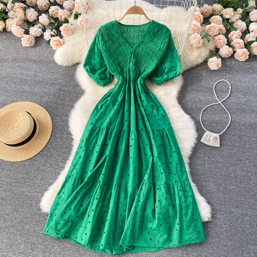 

D007 Women New Fashion Summer Korea Chic Hollow V-neck Short Sleeve Slim A-line Dress Loose Seaside Holiday Vestidos
