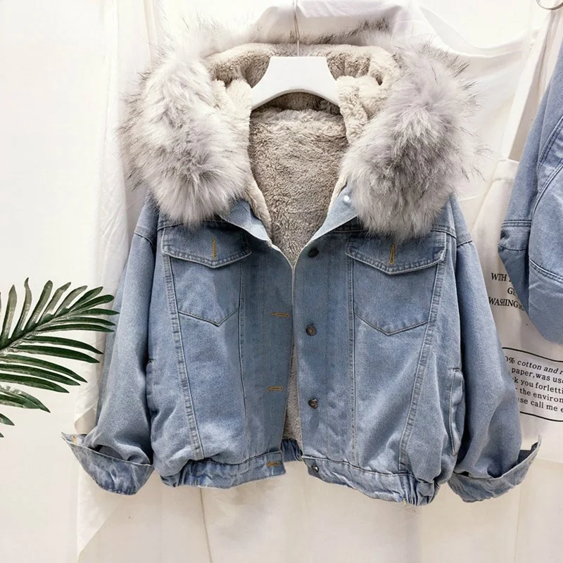 2021 Big Faux Fur Collar Denim Jacket Women Winter Hooded Warm Jean Jacket Student Basic Oversized Parkas Female Bomber Coat