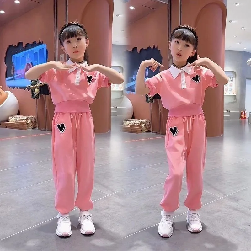 

2023 Summer New Girls' Middle and Big Children's Explosive Street Trend Colorful Sports Thin Short Sleeve Two Piece Hot Sale