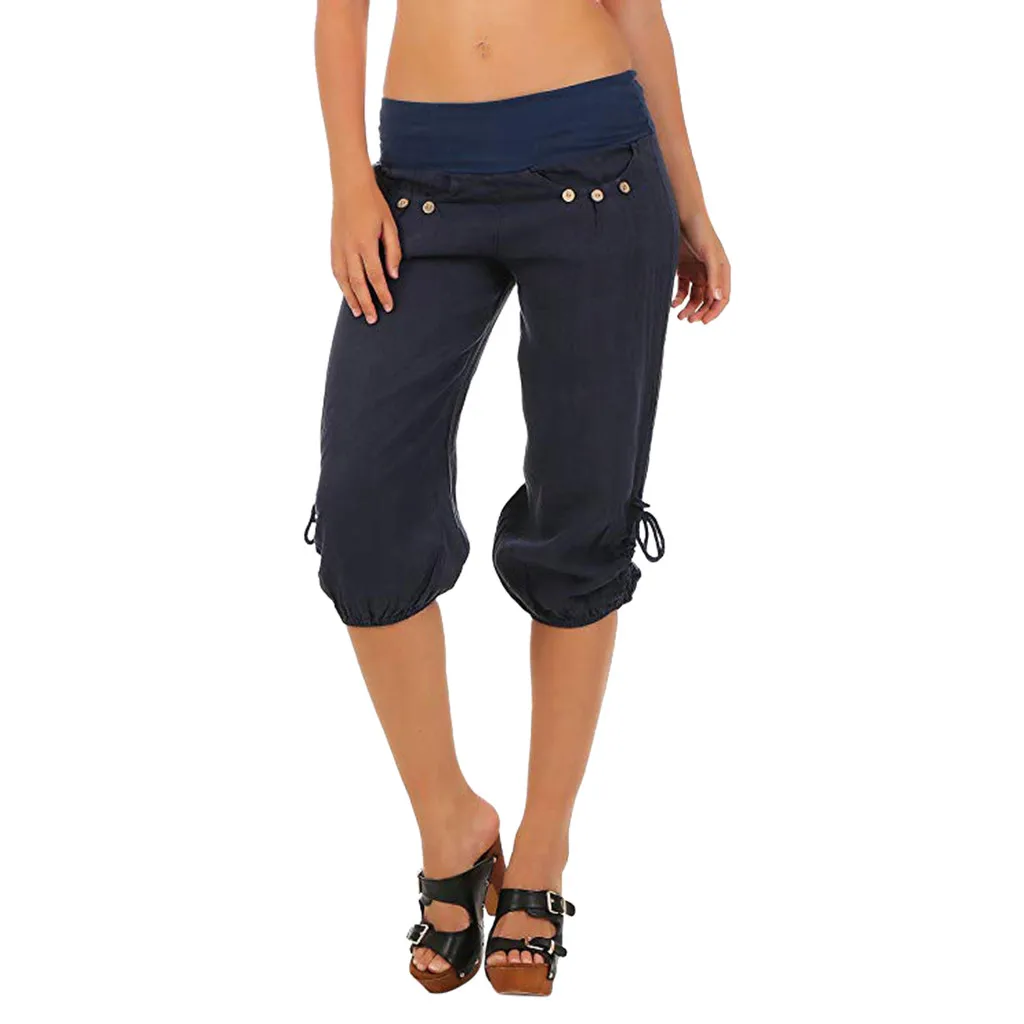 

Women Summer Elastic Waist Boho Check Pockets Pants Baggy Wide Leg Yoga Capris Women'S Pants Trousers Y2k Style Baggy Pants