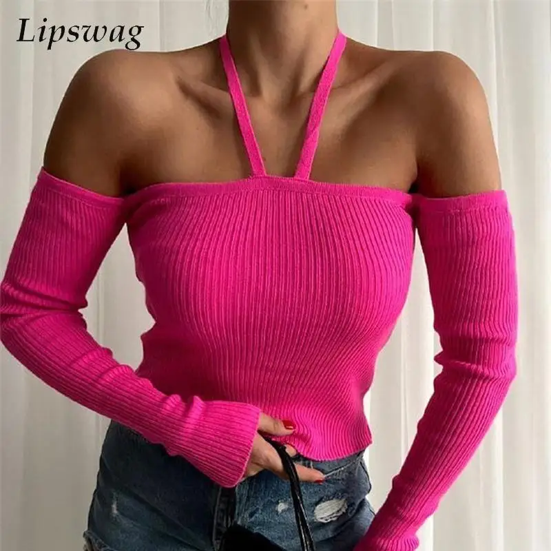 

Женские сексуальные топы с открытыми плечами и лямкой на шее, блузка, новая модная однотонная вязаная рубашка, женская элегантная облегающа...