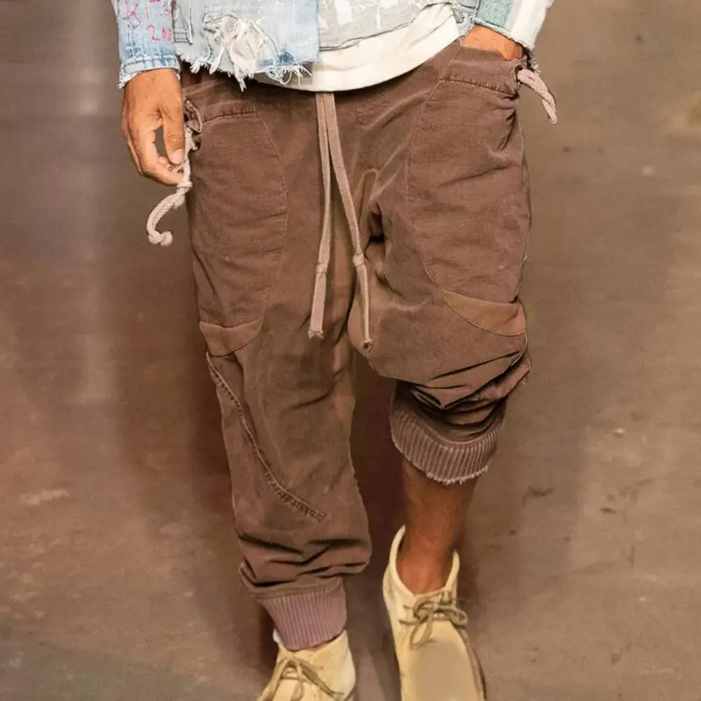 

Men Casual Elastic Waistband Drawstring Long Pants Outdoor Sweatpants Color Matching Side Pockets Cargo Trousers