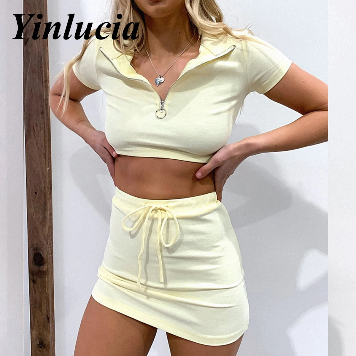 

Two Pieces Set Women Zip Short Sleeve Top Drawstring Skirts Solid Color Sexy Short Cropped Navel T Shirt Mini Skirt Dress Suits