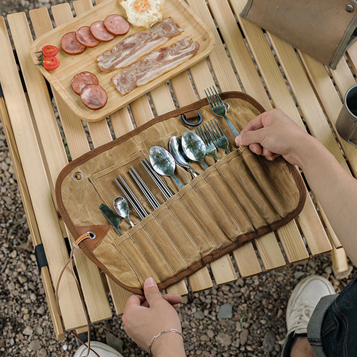 

Парусиновая сумка + нож для масла + кофейная ложка + 3 ложки + 3 пары палочек для еды + 3 вилки набор уличных портативных столовых приборов из нержавеющей стали