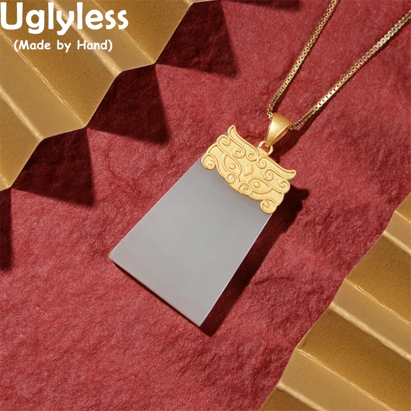 

Uglyless Gold Totem Animal Patterns Vintage Jewelry for Women Square Geometric Nature Jade Pendants 925 Silver Necklace NO Chain