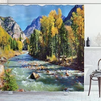 landscape shower curtain mountains of colorado with forest and river summer foliage idyllic photo cloth fabric bathr