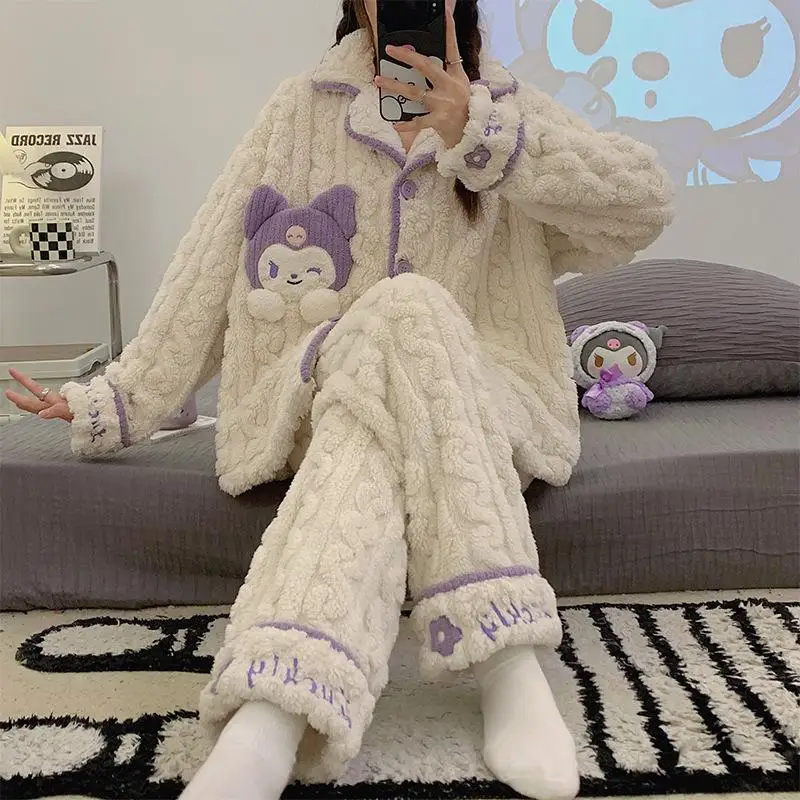 

Japan Sanrio Winter Flannel Pajamas Lapel Plus Velvet Thickened Warm Long Sleeved Cardigan Kuromi Melody Coral Velvet Home Wears