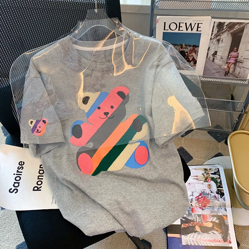 

Gray Cartoon Bear Short Sleeve T-shirt Woman Summer Loose Casual Versatile Top