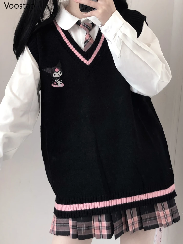 

Japanese Gothic Cute Sleeveless Vest Knitted Sweater Women Sweet Cartoon Embroidery Y2K Jumper Girl Kawaii JK Uniform Waistcoats