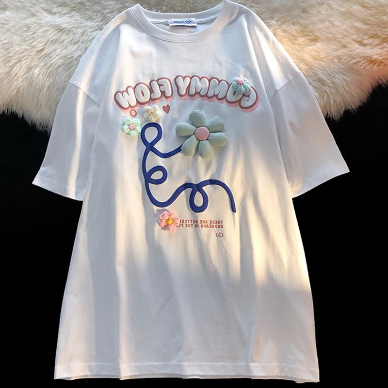 

2022 Summer New Loose Chic Top Three Dimensional Flower Foam Printing Short Sleeved Tshirt for Women Graphic Tees Oversized Tops